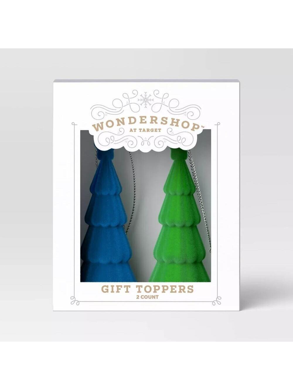 Wondershop NIB Christmas Flocked Tree Gift Toppers 2 Count Green Blue